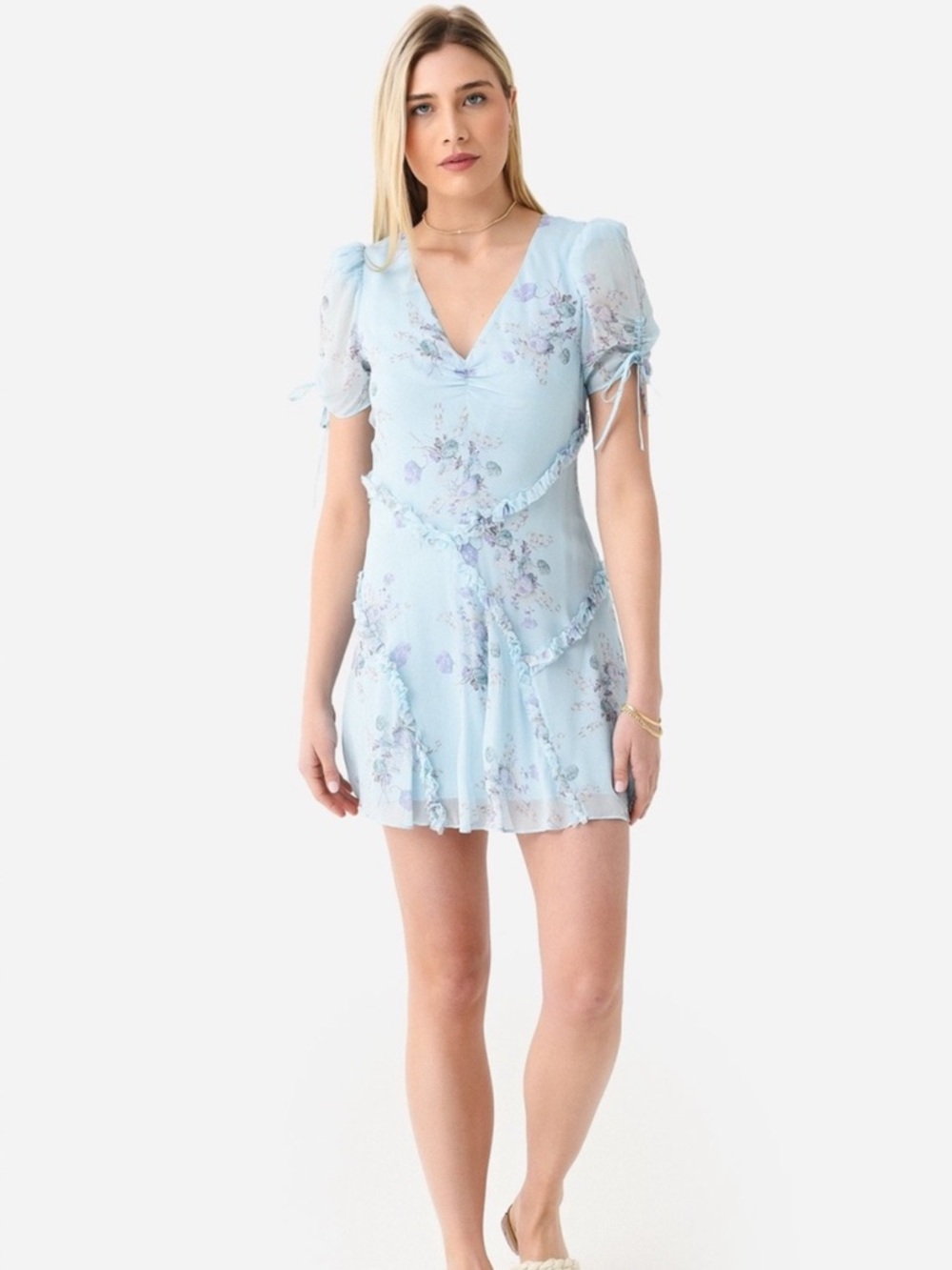 LoveShackFancy Powder Blue Floral Wrap Mini Dress